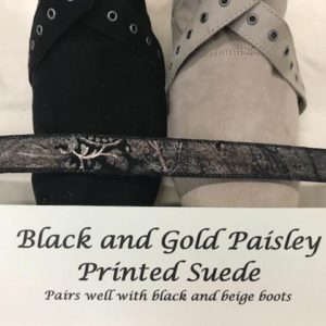 Black and Gold Paisley Printed Suede Boot Straps beige fabric
